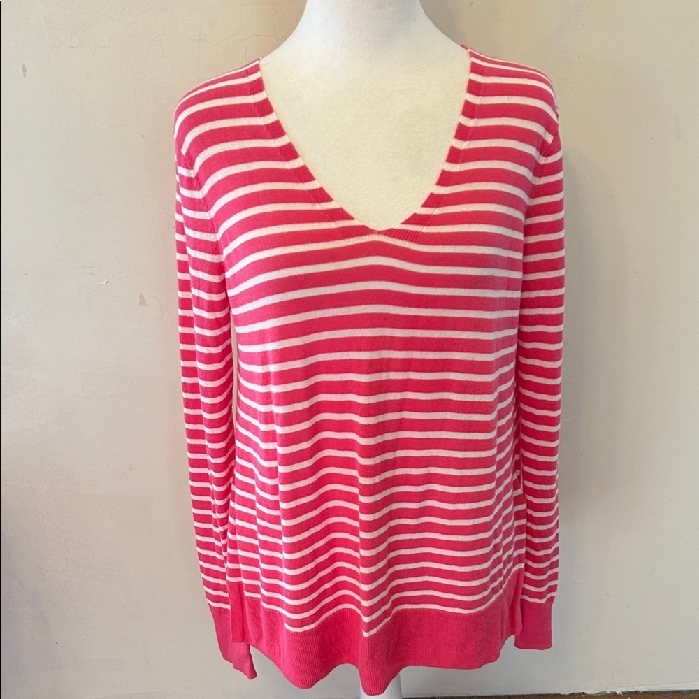 Gap hot pink white striped V neck long sleeve sweater Size M EUC
